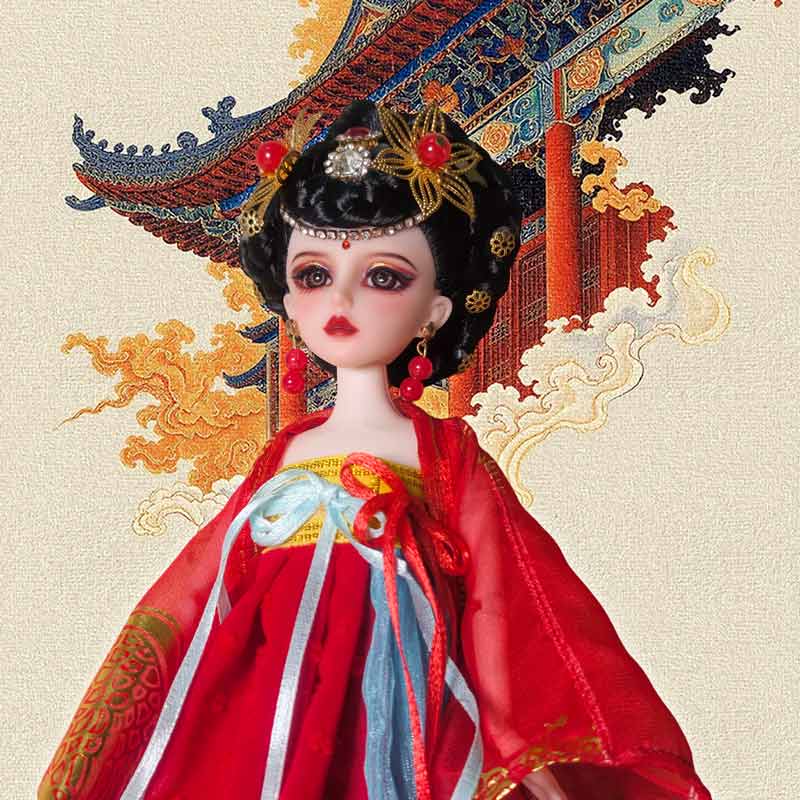 LINYARTH 30cm Chinese ancient style doll wearing exquisite red Hanfu with blue ribbons, golden hair accessories, sitting in front of traditional Chinese architecture and auspicious clouds.