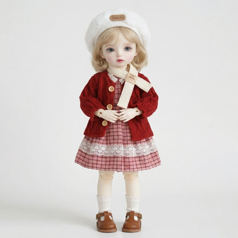 LINYARTH 1/6 BJD doll clothes set for 30cm figures, featuring a red knitted sweater, pink plaid dress, and furry earmuffs. Includes matching accessories, perfect for collectors.