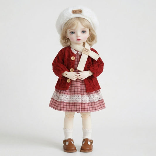 LINYARTH 1/6 BJD doll clothes set for 30cm figures, featuring a red knitted sweater, pink plaid dress, and furry earmuffs. Includes matching accessories, perfect for collectors.