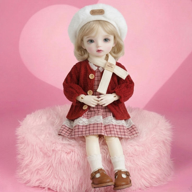 LINYARTH 1/6 BJD doll clothes set for 30cm figures, featuring a red knitted sweater, pink plaid dress, and furry earmuffs. Includes matching accessories, perfect for collectors.