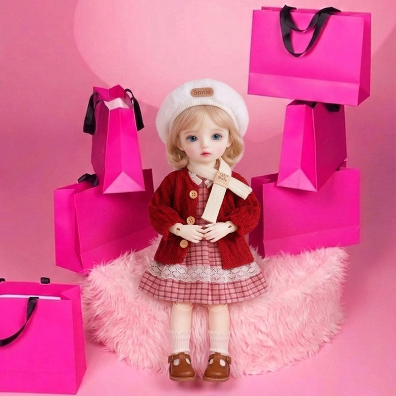 LINYARTH 1/6 BJD doll clothes set for 30cm figures, featuring a red knitted sweater, pink plaid dress, and furry earmuffs. Includes matching accessories, perfect for collectors.